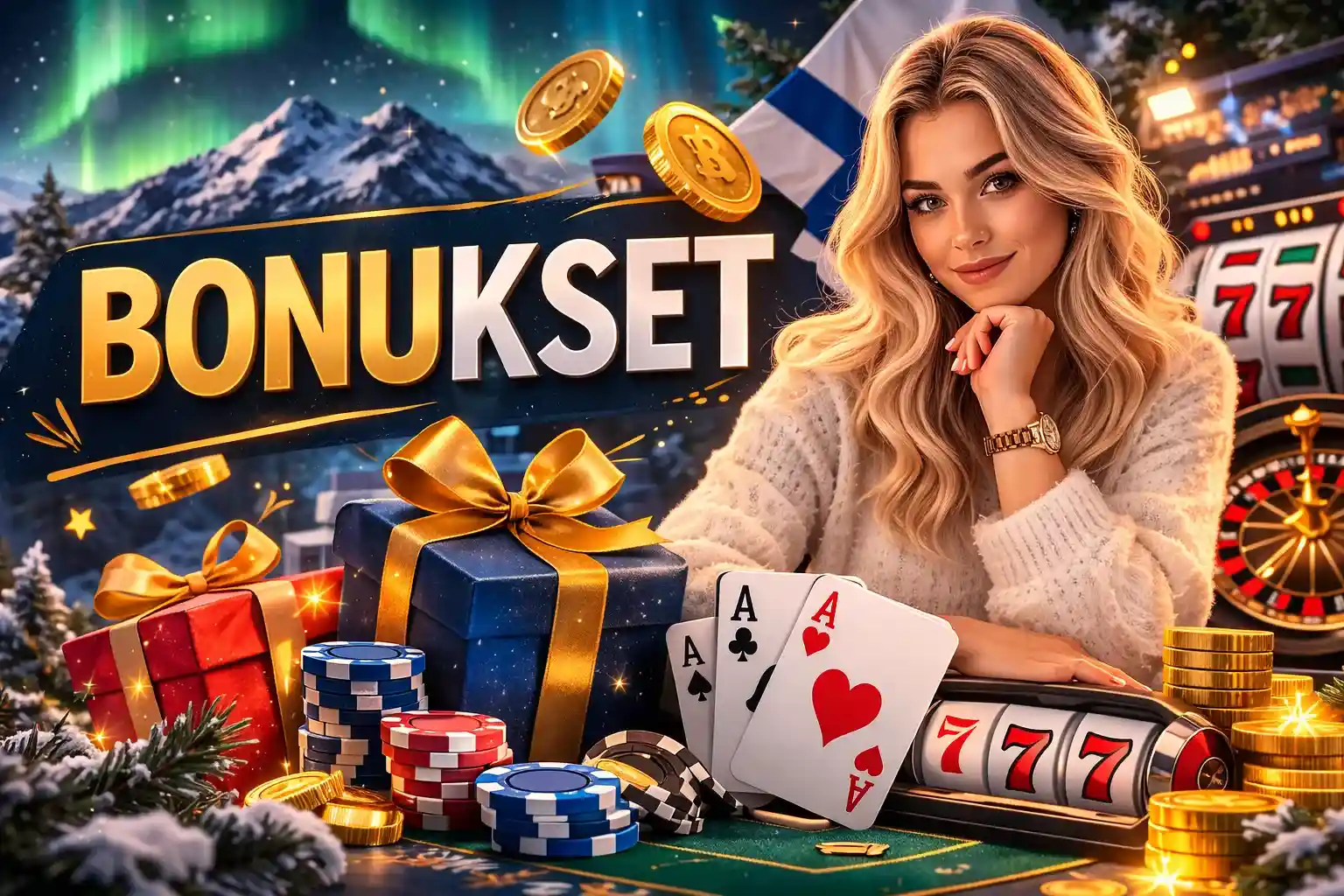 Suomalainen kasinobonus teema kolikkopeleillä ja lahjapaketilla talvimaisemassa